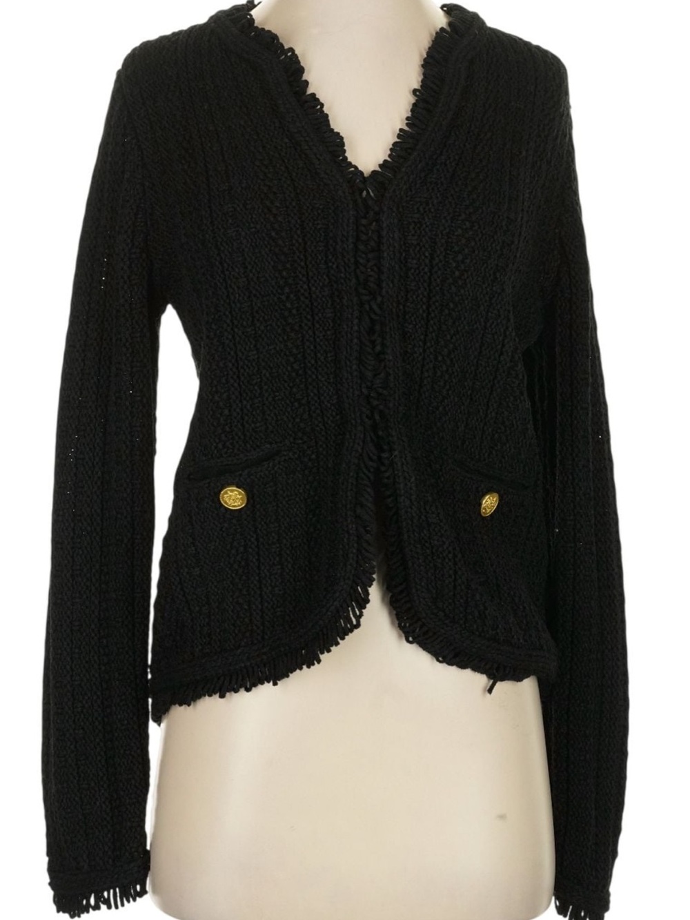 J. Crew Black Textured Open-Front Knit Cardigan with Fringe Trim
